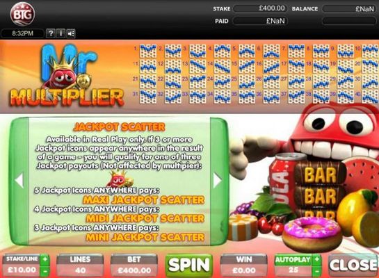 Jackpot Scatter - If 3 or more Mr. Multiplier King jackpot icons appear anywhere in the draw results you will qualify for one of three payouts.