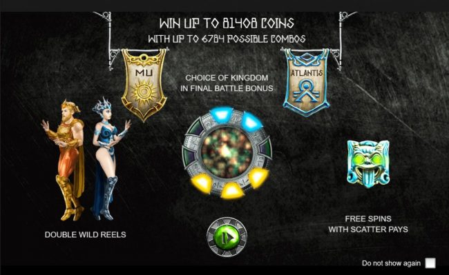 Game features include: double wild reels, choice of kingdom in final battle bonus, free spins with scatter pays and a chance to win up to 81408 coins