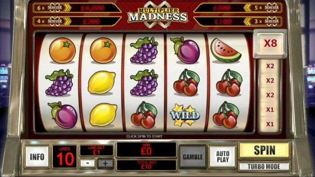 A fruit themed main game board featuring five reels and 10 paylines with a progressive jackpot max payout