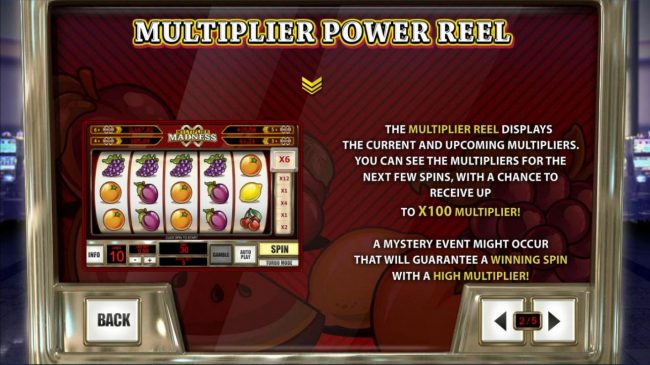 The Multiplier Reel displays the current and upcoming multipliers. You can see the multipliers for the next few spins, with a chance to receive up to 100x multiplier!