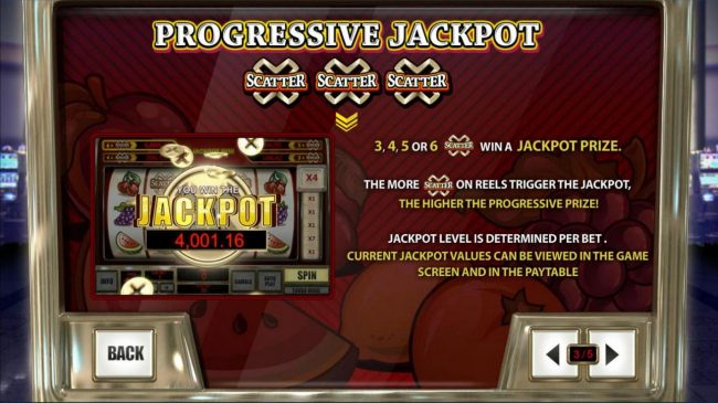 3, 4, 5 or 6 scatter symbols win a Jackpot Prize. The more scatters on the reels trigger the jackpot, the higher the progressive prize!