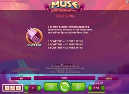 free spins - 3 or more scatter symbols appearing anywhere on the reels in the main game and in free spins activate free spins