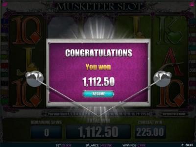 The free spins feature pays out a total of 1,112.50