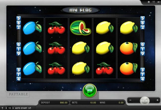A fruit themed main game board featuring five reels and 9 paylines with a $10,000 max payout