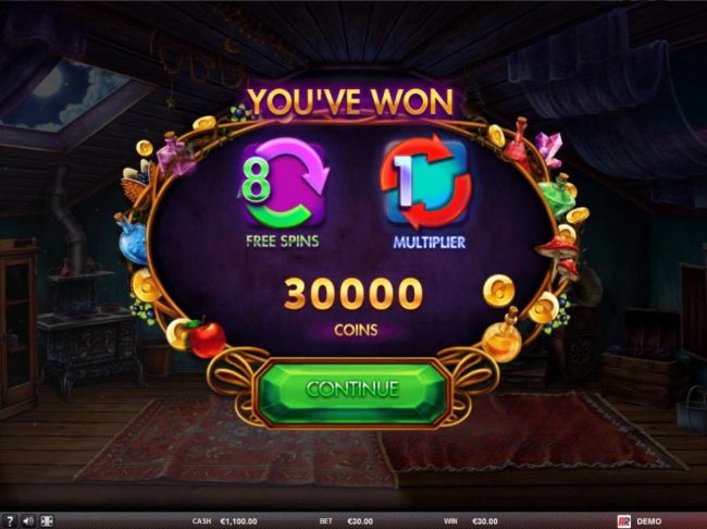 8 free spins awarded