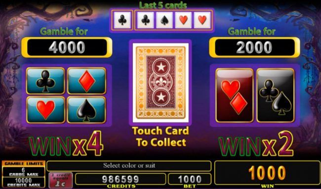 Gamble Feature - To gamble any win press Gamble then select Red or Black or Suit