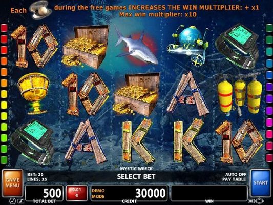 An underwater treasure salvage themed main game board featuring five reels and 25 paylines with a $125,000 max payout