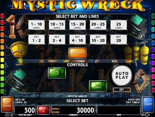 Select Bet and Lines - 1 to 25 Lines and 1 to 20 coins per line.