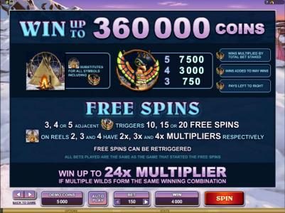 win up to 360000 coins, wilds and free spins paytable