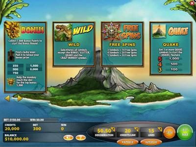 Bonus, Wild, Free Spins and Quake feature rules and pays.