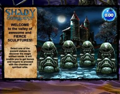 shady conquest bonus game - select one of the statues to discover the magic artifact inside.