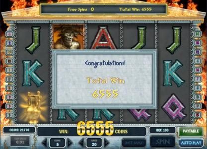 the free spins bonus feature paid out a total win of 6555 coins
