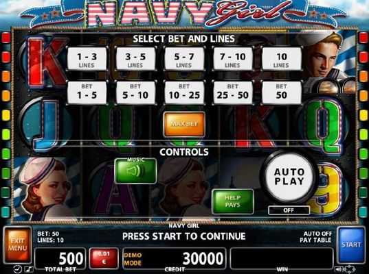 Select Bet and Lines - 1 to 10 Lines and 1 to 50 coins per line.