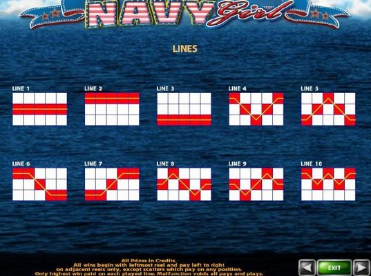 Payline Diagrams 1-10. All wins begin with the leftmost reel and pay left to right on adjacent reels only, except scatters which pay on any position.