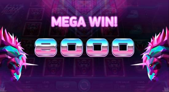 An 8000 coin mega win triggered by the super staxx feature