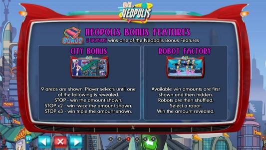 Neopolis Bonus Feature - 3 BONOS symbols wins one of the NEOPOLIS Bonus Features - City Bonus or Robot Factory.