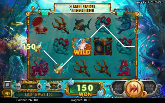 Wild symbol on reel 3 triggers free spins