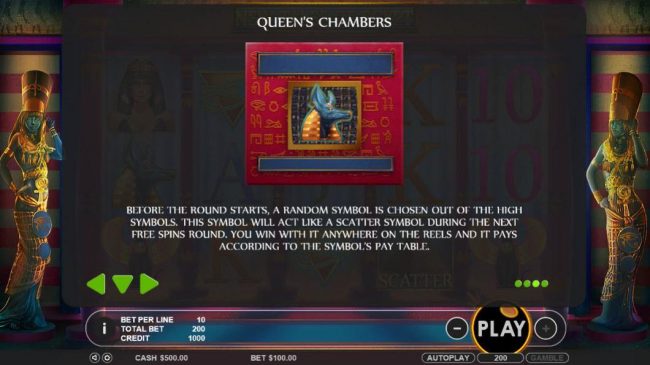 Before the Queens Chambers round starts, a random symbol is chosen out of the high value symbols. The symbol will act like a scatter symbol during the next free spins round. You win with it anywhere on the reels and it pays according to the symbols pay ta