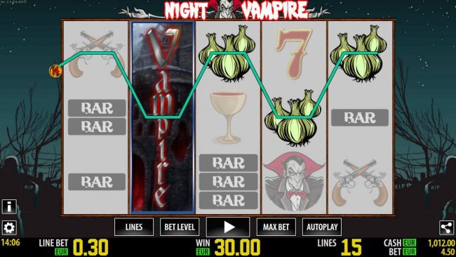 Game pays in both directions. Here a stacked wild symbol triggers a four of a kind.