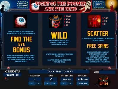 Find The Eye Bonus Game is triggered by 3 bonus Eyes symbols scattered on reels. Wild symbol substitutes for one symbol except scatter and bonus. Scatter, 3, 4 or 5 Devil symbols scattered on reels wins Free Spins.