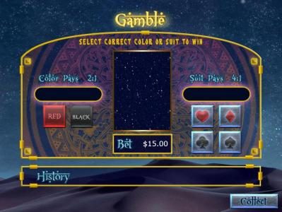 Gamble feature is available after each winning spin. Select color or suit to play.