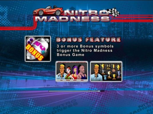 Bonus feature - 3 or more bonus symbols trigger the Nitro Madness Bonsu Game.