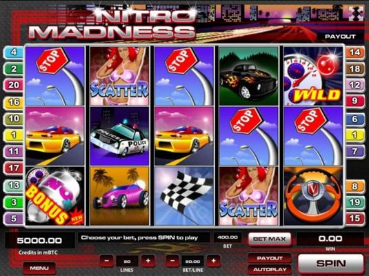 A Car Racing themed main game board featuring five reels and 20 paylines with a $900,000 max payout