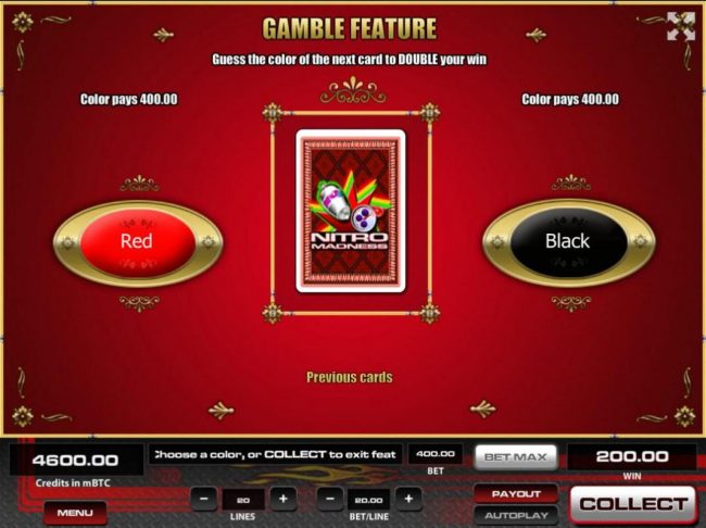 Gamble Feature - To gamble any win press Gamble then select Red or Black.