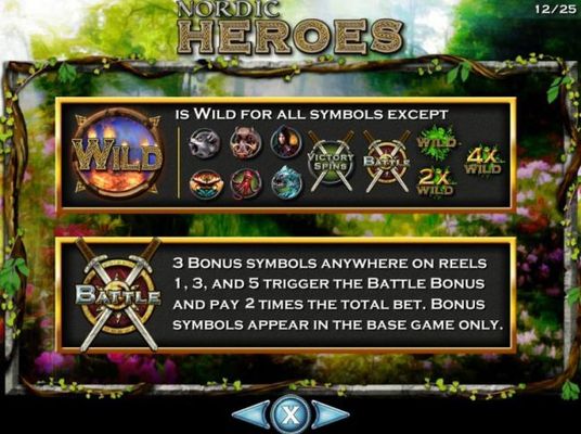 Wild symbol and exceptions. Shield and crossed swords bonus scatter symbol. 3 bonus symbols anywhere on reels 1, 3 and 5 trigger the Battle Bonus and pay 2 times the total bet. Bonus symbols appear in the base game only.