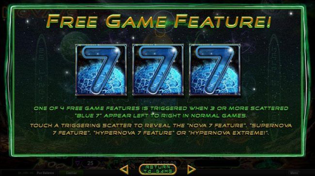 3 or more scatter symbols triggers the free game feature.