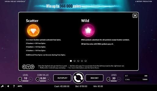 Scatter and wild symbols paytable. Three or more scatter symbols activates free spins. Wild symbol substitutes for all symbols except scatter symbol.