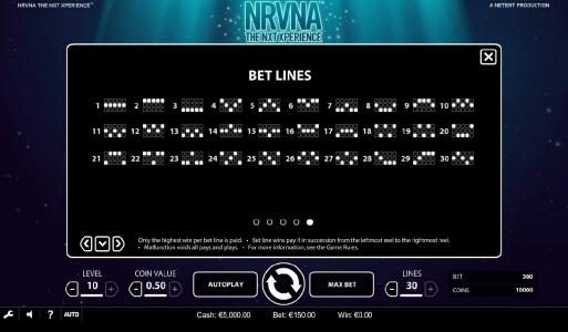 Payline Diagrams 1-25. Only highest win pays per line. Bet line wins pay if in succession from the leftmost reel to the rightmost reel. Malfunction void all pays and plays.