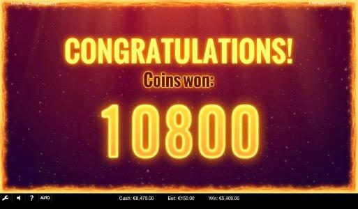 A 10800 coin payout awarded for the free spins feature win.