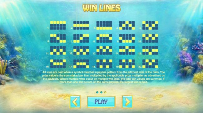 Payline Diagrams 1-20. All wins are paid when a symbol matches a payline pattern from the leftmost side of the reels.