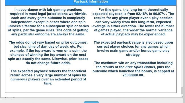 Payback Information - Theoretical return To Player is from 92.18% to 96.07%. The maximum win on any transaction is capped at 25,000,000.