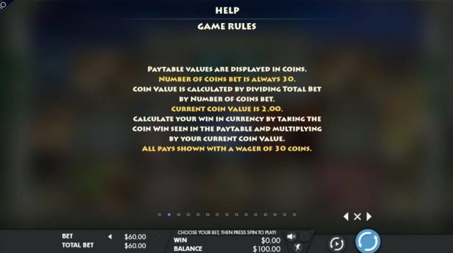 Paytable values are displayed in coins. Number of coins bet is always 30