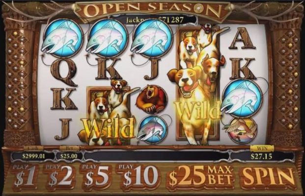 Main game board based upon a hunting theme; featuring five reels and 50 paylines with a progressive jackpot for the max payout