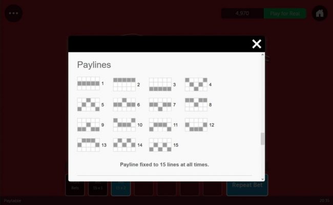 Payline Diagrams 1-15. Payline fixed to 15 lines at all times.