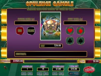 Gamble feature is available after each winning spin. Select color or suit to play.