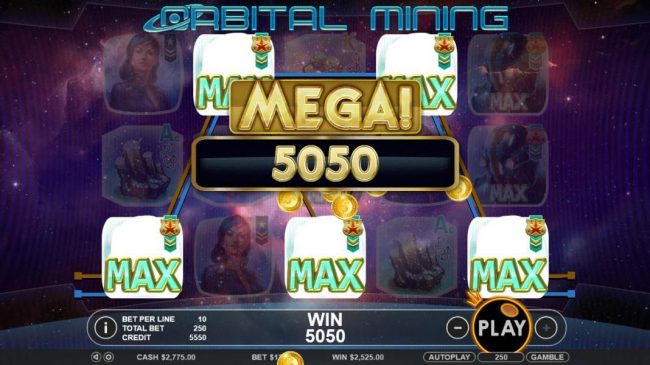 A five of a kind leads to a whopping 5,050 coin super jackpot payout.