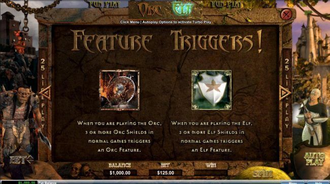 Feature Triggers - 3 or more Orc Shields or Elf Shields in normal games triggers respective bonus feature.