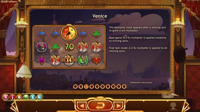 Venice Mode - The Multiplier Clock appears after a winning spin to grant a win multiplier.