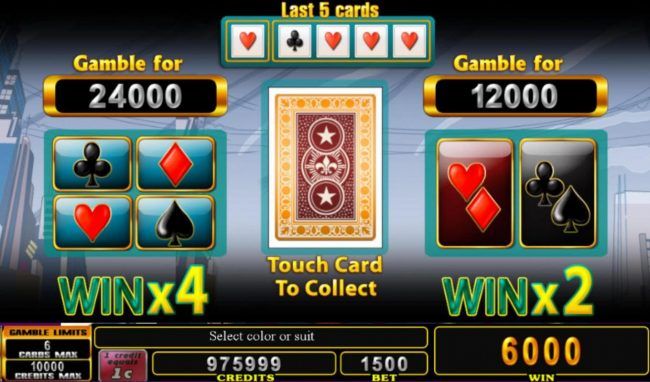 Gamble Feature - To gamble any win press Gamble then select Red or Black or Suit