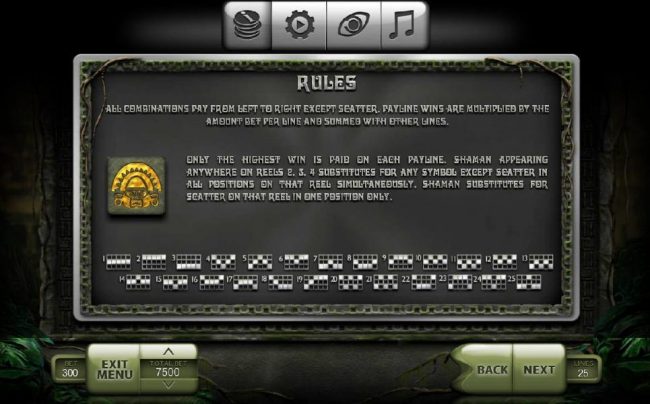 General Game Rules - All combinations pay from left to right except scatter, Payline wins are multiplied by the amount bet per line and summed with other lines. Wild is represented by the Shaman symbol and appears anywhere on reels 2, 3 and 4. Payline Dia