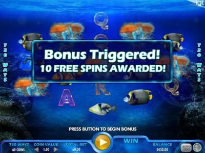 Bonus triggered by Five jellyfish symbols across all reels awarding 10 free spins.