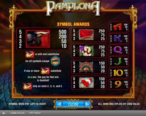 Slot game symbols paytable featuring bullfighting inspired icons.