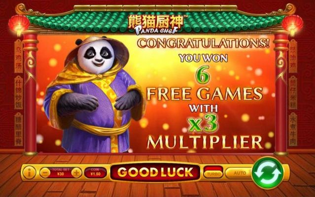 Player is awarded 6 free games with an x3 win multiplier