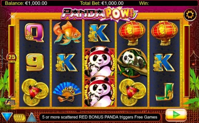 An Asian panda bear themed main game board featuring five reels and 25 paylines with a $20,000 max payout.