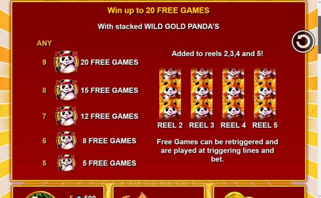 Win up to 20 free games with stacked wild gold pandas.