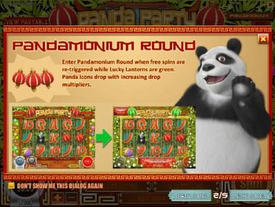 Enter Pandamonium Round when free spins are re-triggered while Lucky Lanterns are green. Panda icons drop with increasing drop multipliers.
